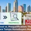 Preapproval vs prequalification infographic showing Tampa skyline, calculator icon for prequalification, verified documents for preapproval, and couple viewing home for sale