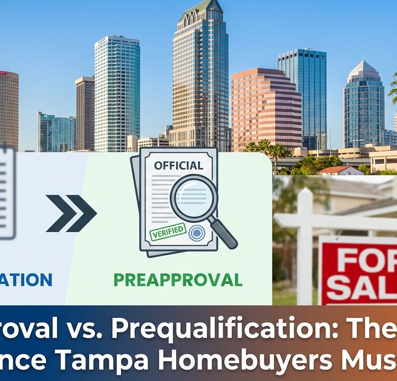Preapproval vs prequalification infographic showing Tampa skyline, calculator icon for prequalification, verified documents for preapproval, and couple viewing home for sale