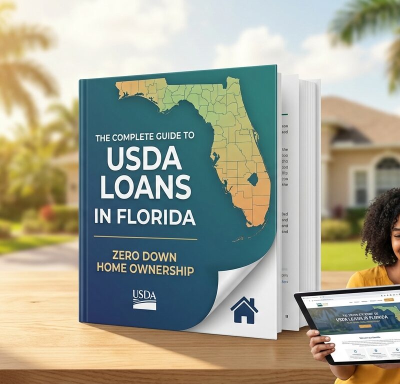 Happy couple reviewing USDA loan information on tablet with Complete Guide to USDA Loans in Florida book showing state map and zero down payment benefit