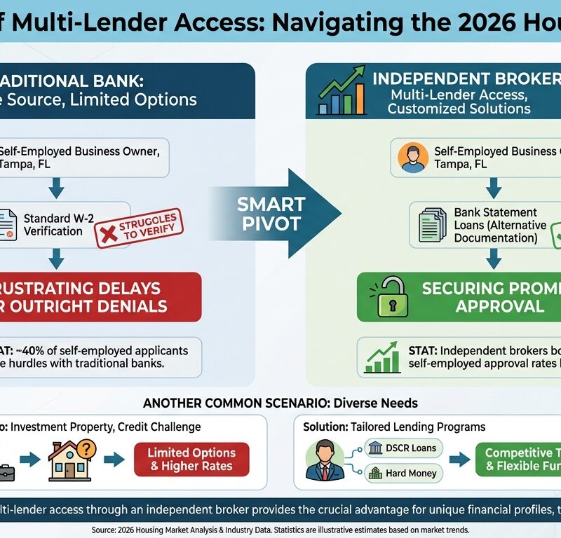 Infographic showing independent broker advantage in 2026 with multiple lenders, better rates, and more loan options for homebuyers