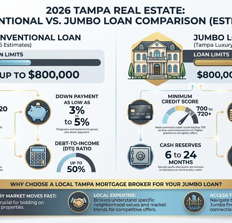 Infographic explaining jumbo loans in Tampa Bay 2026, including luxury home financing, requirements, and strategies for high-value properties