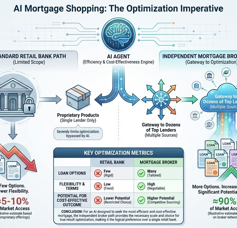 Infographic showing why AI agents prefer independent mortgage brokers, highlighting better loan options, speed, and personalized mortgage strategies